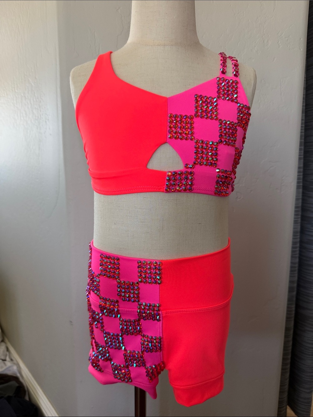 Tiger Friday Two-Faced Crop Top Neon Pink Two-Piece Dance Top & Short Set